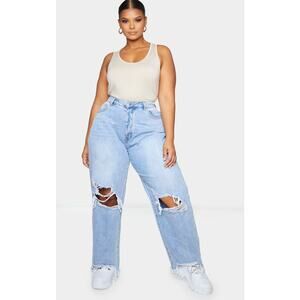 PRETTY LITTLE THING Women's Light Blue Boyfriend Distressed Jeans Sz 10